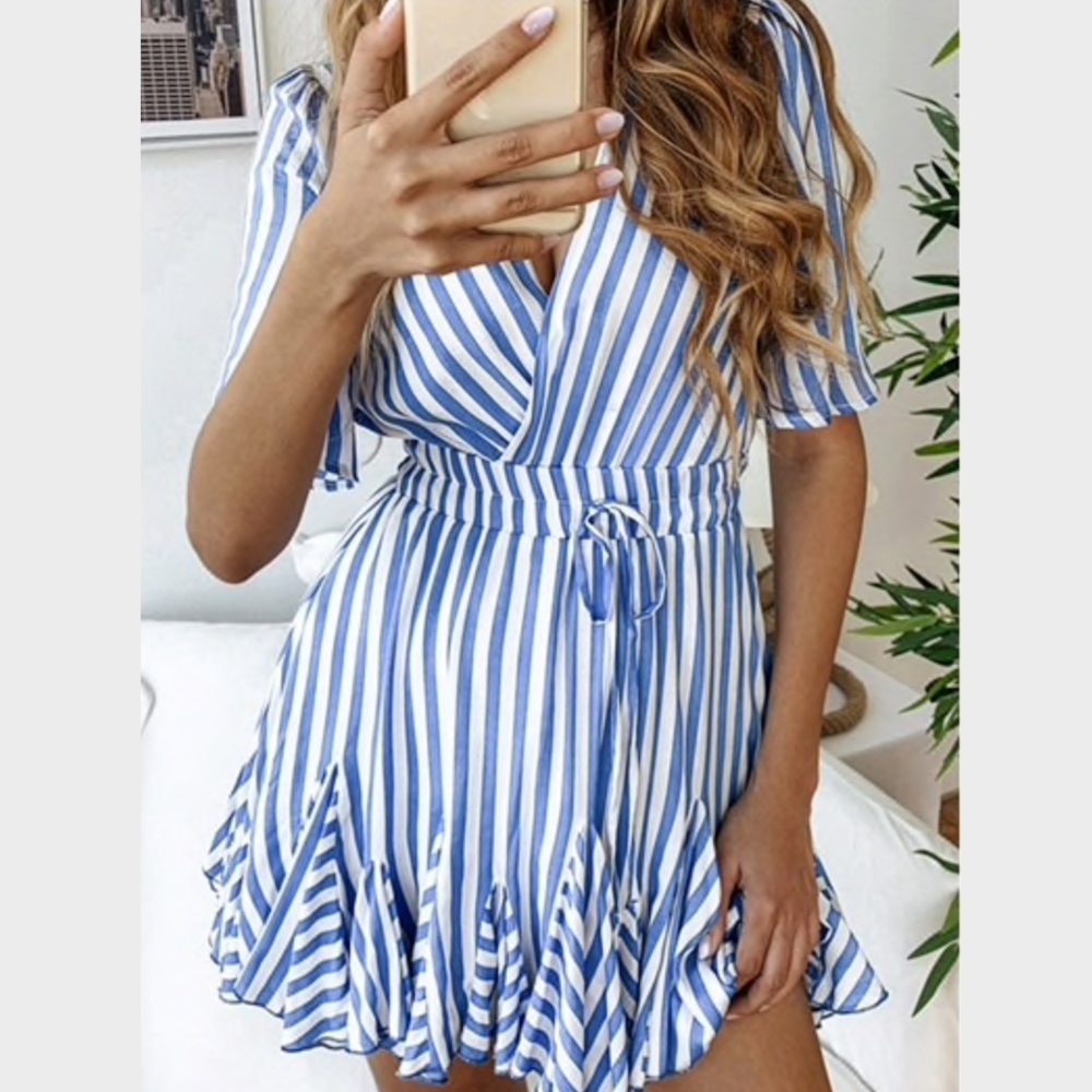 Striped Fit and Flare White & Blue Short Dress - Picture 2 of 8
